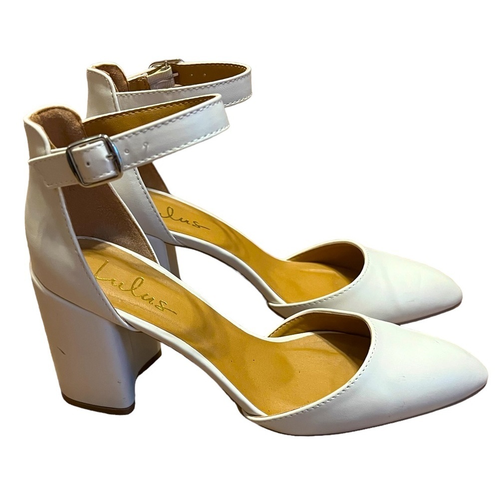 Lulu’s white ankle strap block heels with semi pointed toe